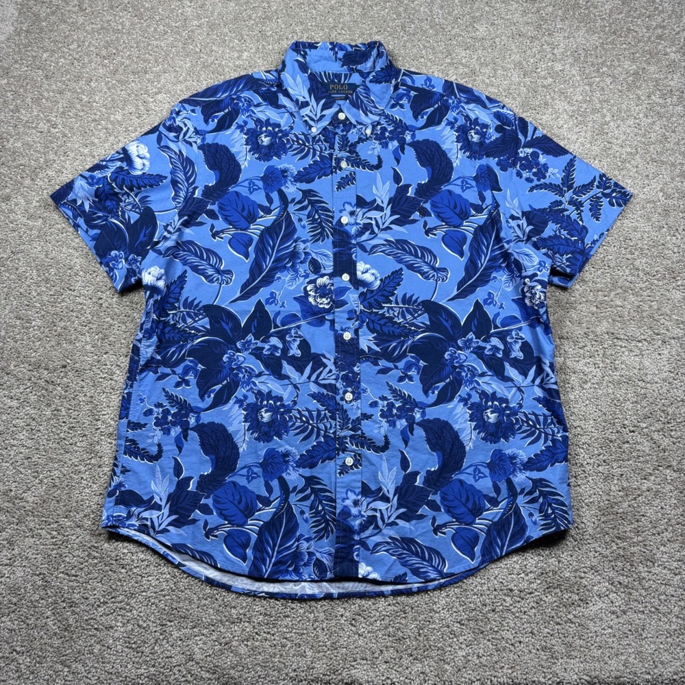 Polo Ralph Lauren Mens XL Blue Floral Oxford Short Sleeve Button Down Shirt